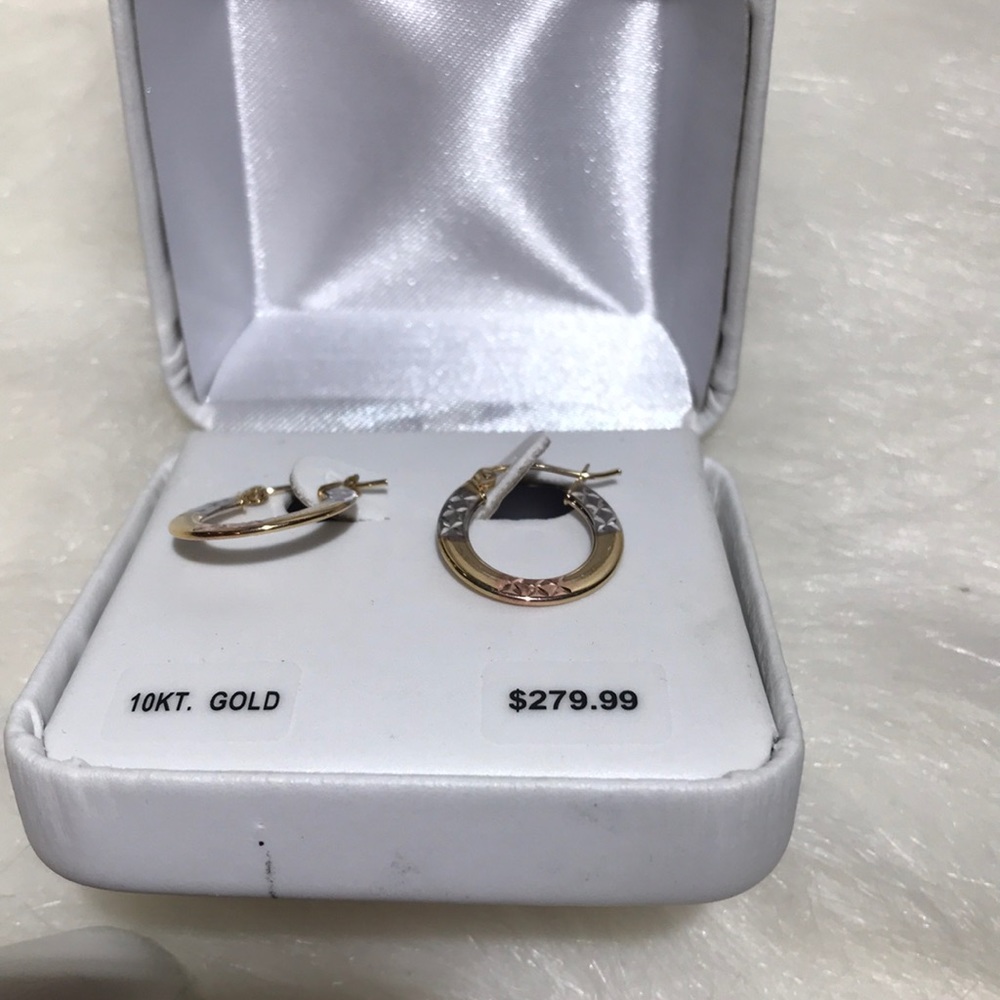 10K Tri Color Gold 3 MM Diamond-cut Round hoops - Picture 7 of 9